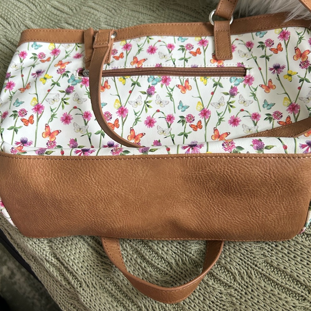 NWT MultiSac Cream Floral & Butterfly Tote with Brown Trim - Picture 8 of 9